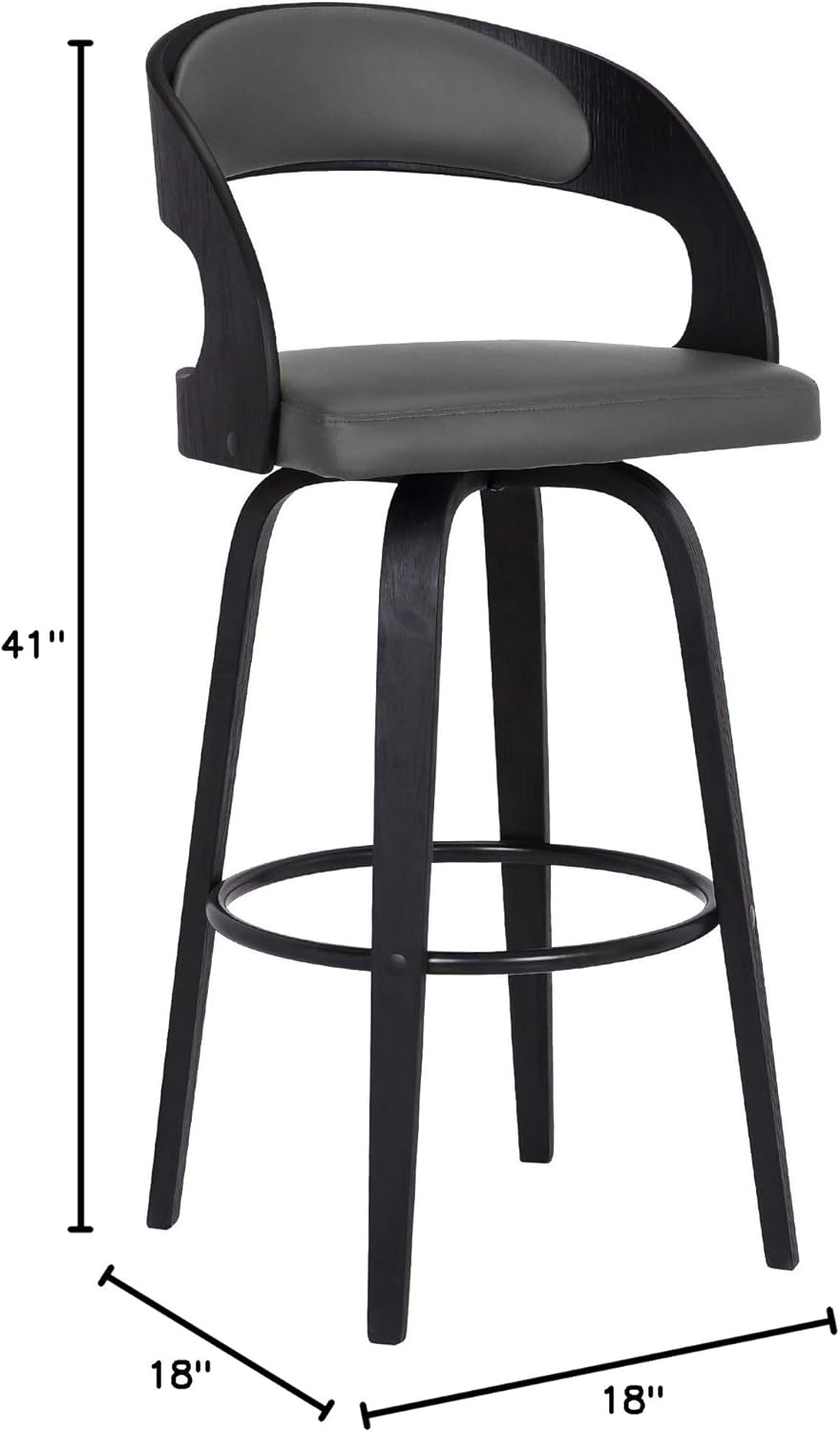 Armen Living Shelly 30" Bar Height Swivel Gray Faux Leather and Black Wood Bar Stool - Set of 3