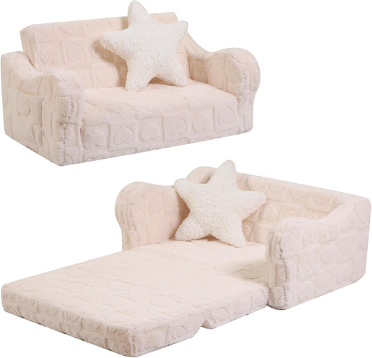 Extra Wider Seating Toddler Couch, 2-in-1 Toddler Soft Couch Fold Out with Star Pillow, Convertible Sofa to Lounger for Girls and Boys, Cream Heart