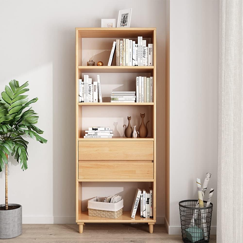 IOTXY Oak Mid-Century Bookcase with Legs - 67" Tall Open Shelves Cube Billy Bookshelf with Double Drawers for Home and Office