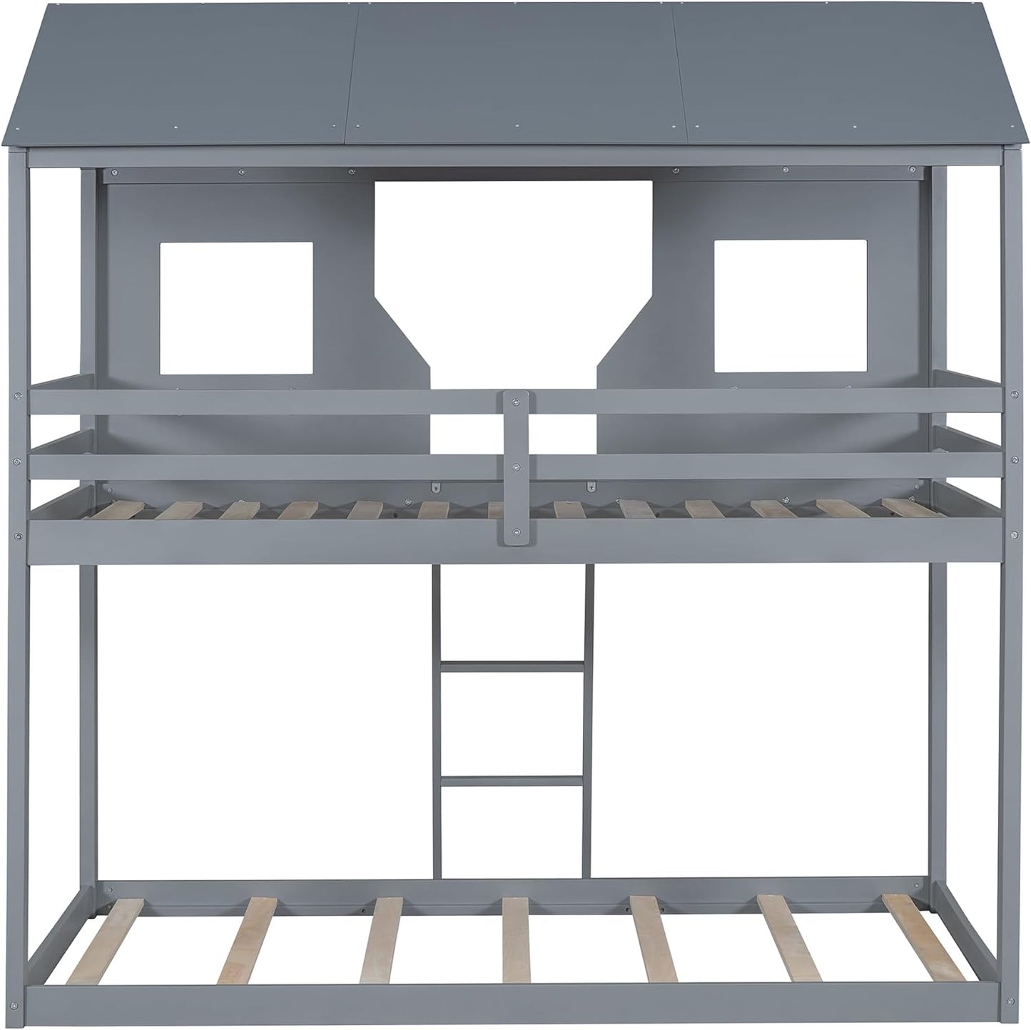 Ball & Cast Twin Over Twin Size Playhouse Bunk Bed with Roof and Window,Wood Bunkbed w/Full-Length Guard Rail & Ladder,Slat Support,Space Saving,Bedroom Furniture for Student Dorms,Gray