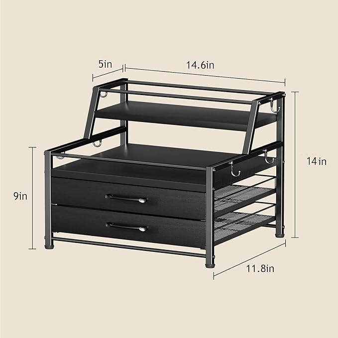 Coffee Syrup Rack Organizer - 4-Tier 8 Syrup Wine Bottles Stand with 82 Storage Drawer for K Cups, Coffee Pod Holder for Countertop, Bar Station, Kitchen, Black