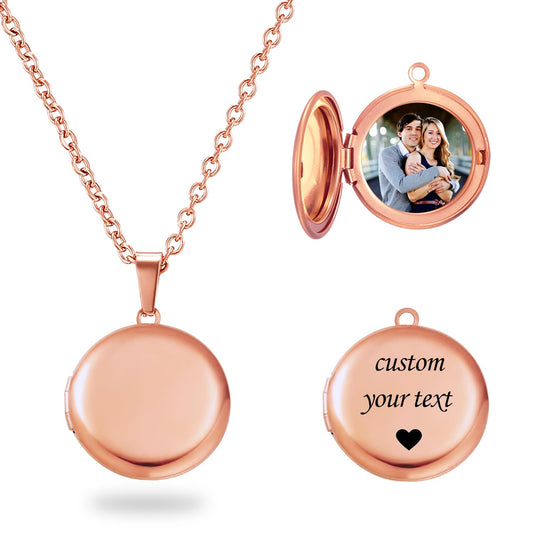 Rose Gold Glossy Round Locket Necklace Personalized Necklaces for Women Custom Lockets with Picture Inside Customized Texts Engraved Gifts for Mom Daughter