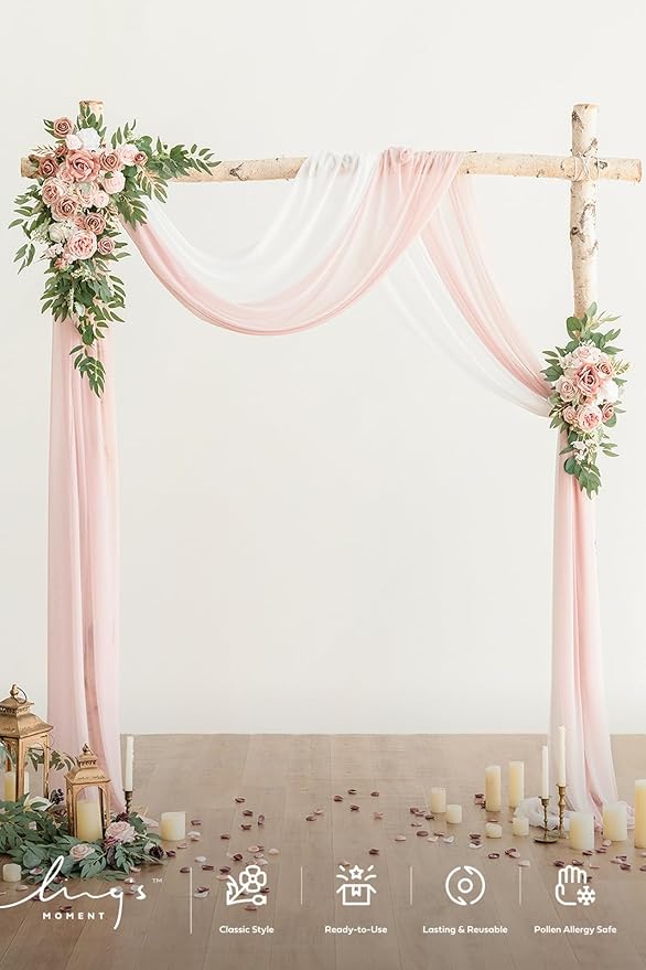 Ling's moment Pink Artificial Wedding Arch Flowers Kit Pack of 4, 2pcs Hanging Flower Arrangement 2pcs Chiffon Drapes Ceremony Reception Spring Silk Rose Arbor Backdrop Floral Garden Outdoor Decor