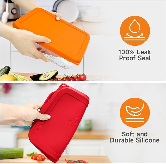 Sophico 11 Cup Rectangle Silicone Storage Cover Lids Replacement for Pyrex 7212-PC Glass Bowls, Container not Included (RED-ORANGE)