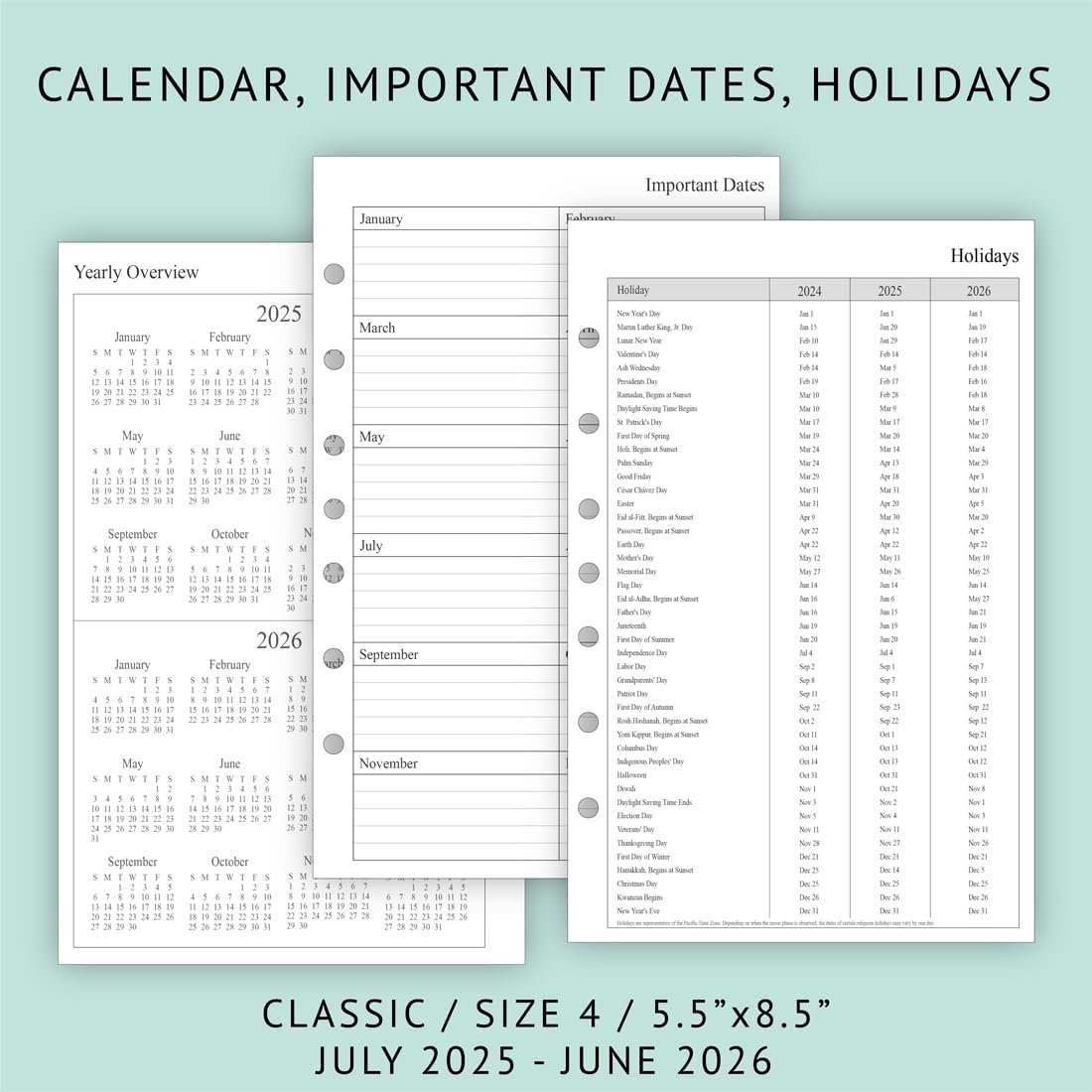 newestor 2025-2026 Planner Refill for Mini Binder, Weekly & Monthly, July 2025 - June 2026, 5-1/2" x 8-1/2", Desk Size 4, 7 Holes