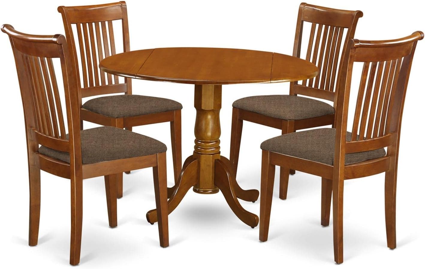 East West Furniture DLPO5-SBR-C 5 Piece Dinette Set for 4 Includes a Round Dining Room Table with Dropleaf and 4 Linen Fabric Upholstered Dining Chairs, 42x42 Inch, Saddle Brown