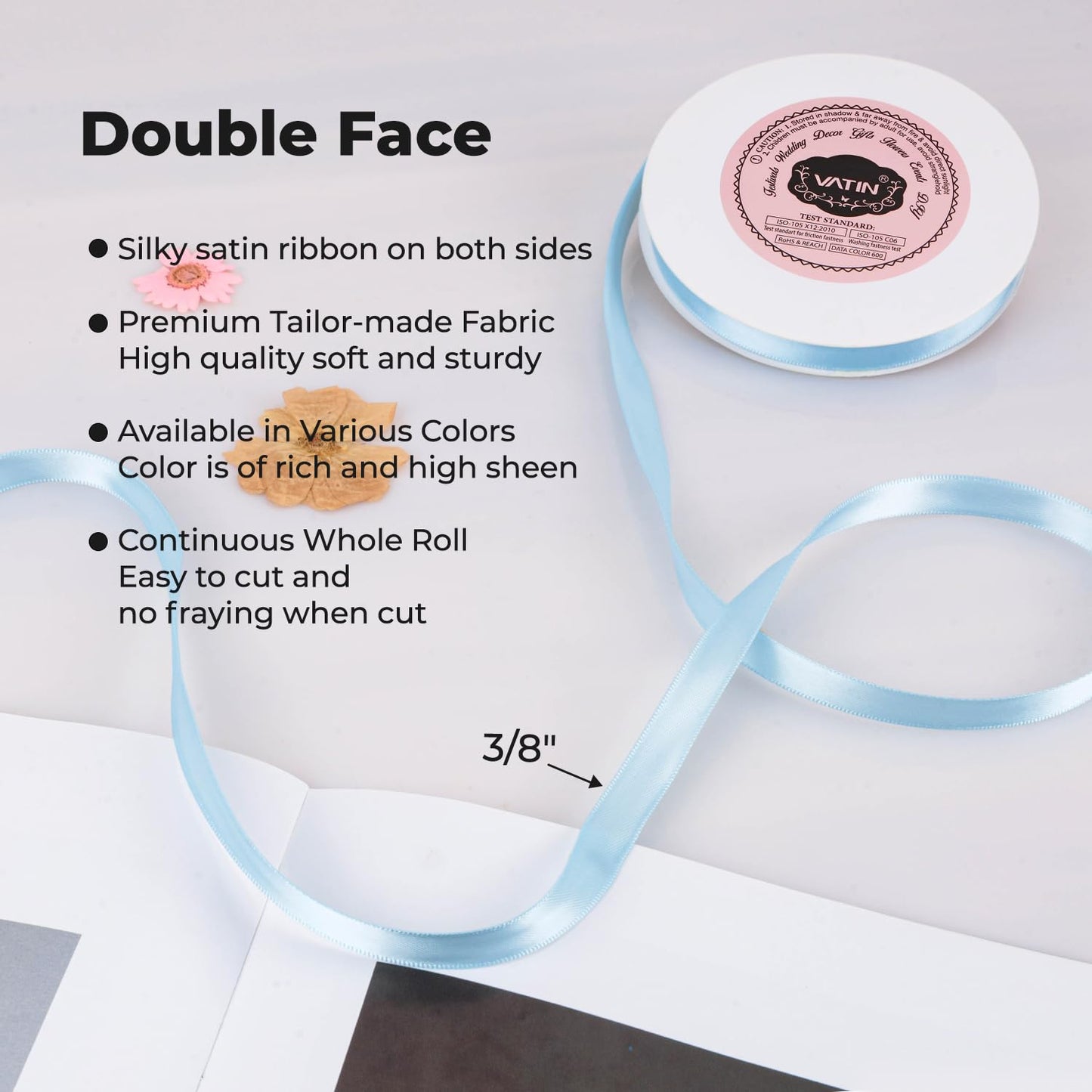 VATIN 3/8 inches Double Faced Light Blue/Baby Blue Polyester Satin Ribbon - 50 Yards for Gift Wrapping Ornaments Party Favor Braids Baby Shower Decoration Floral Arrangement Craft Supplies