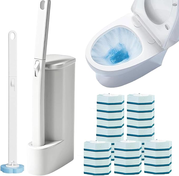 Disposable Toilet Cleaning System, 15.7'' Extended Handle Toilet Bowl Cleaner Wand, Wall Mounted Toilets Brush Holder & Refills Set, Toilets Cleaning Tool for Bathroom (28, Ocean)