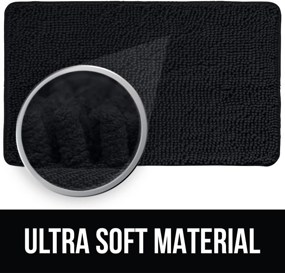 KANGAROO Bathroom Rugs, Chenille Soft Absorbent Bath Rug, Shaggy Shower Mat, Quick Dry Machine Wash Bathmat, Plush Carpet Mats for Tub, Bathtub and Room Home Decor Accessories, 42x24, Black