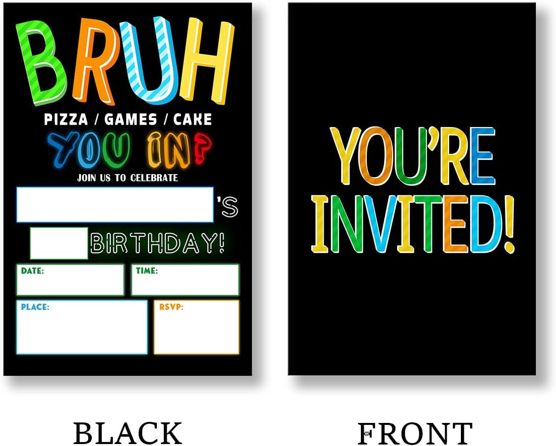 Teen Boy Party Invitation Supplies with Envelopes Set of 20 Bruh Birthday Party Invitation Fill in Blank, Double Sided