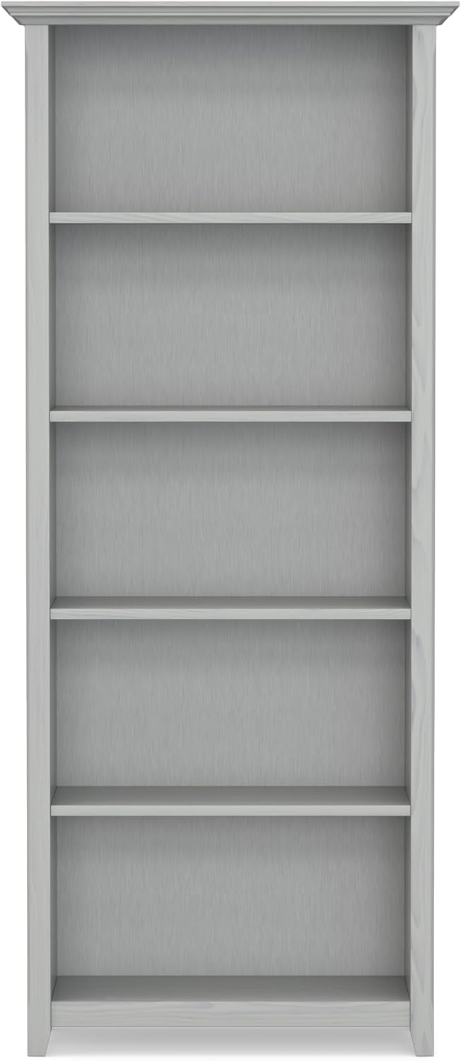 SIMPLIHOME Amherst Bookcase - 70 inch Tall 5-Shelf Solid Wood Bookshelf in Fog Grey, Transitional Storage for Living Room, Study Room or Office with Adjustable Shelves and Tapered Legs