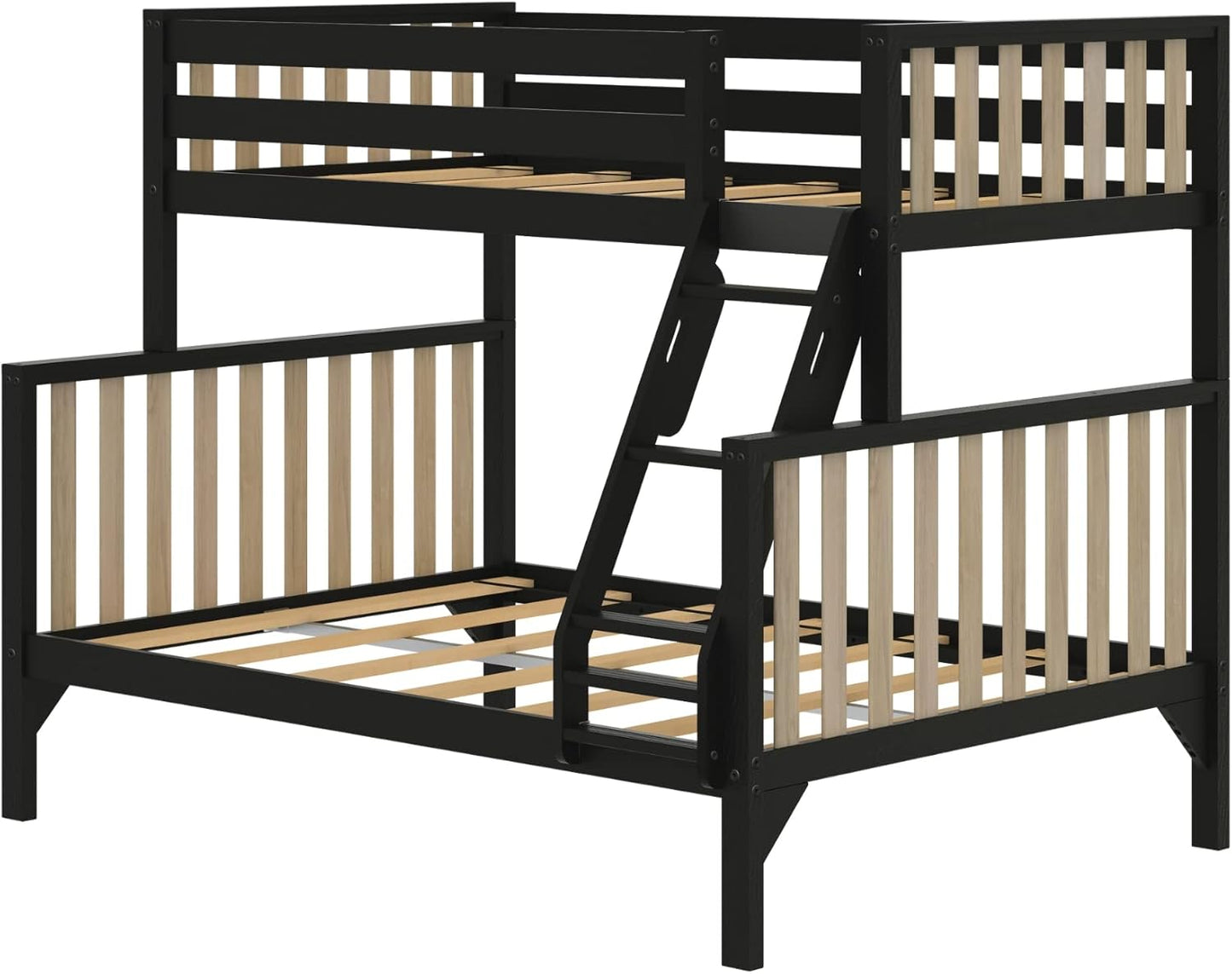 Max & Lily Bunk Bed, Scandinavian Modern Bunk Bed, Solid Wood Twin Over Full Bed Frame for Kids, No Box Spring Needed, Black/Blonde