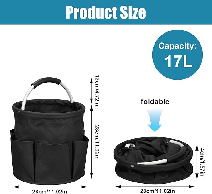17L Cleaning Caddy with Handle,Foldable Tool Storage Basket,Garden Tool Organizer with 6 Pockets,Portable Cleaning Bucket Organiser for Storing Towels,Home Storage (Black)