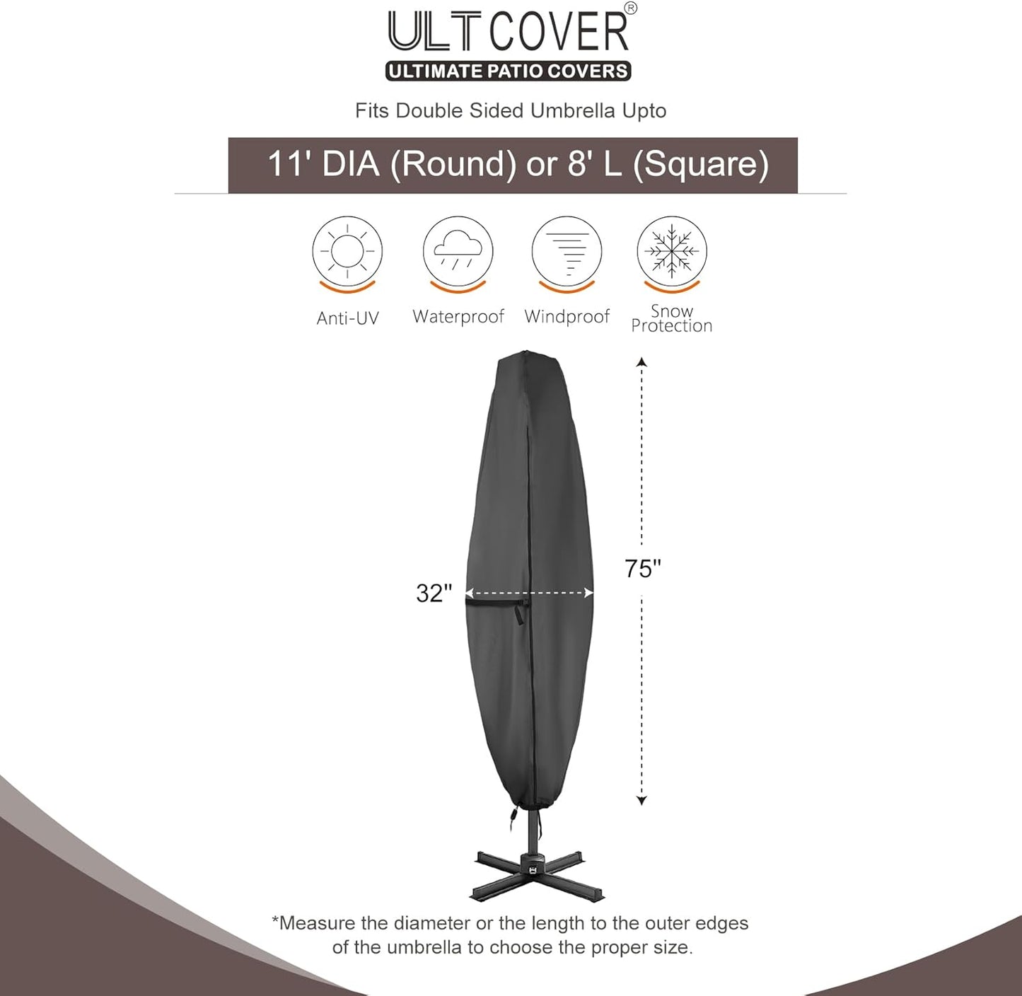 ULTCOVER Patio Parasol 600D Waterproof Clear Top Outdoor Umbrella Cover - Fits Solar Umbrella 8-11 Feet, Black
