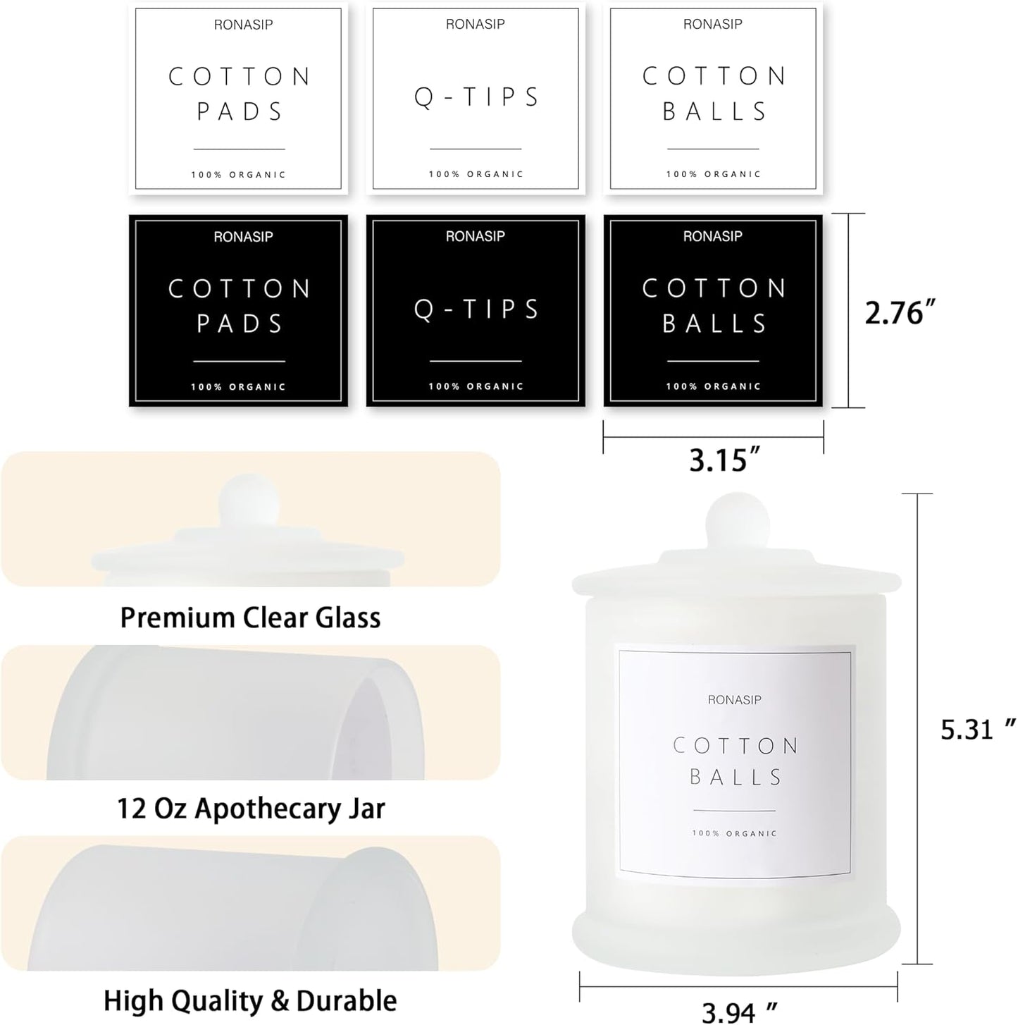 Qtip Holder & Cotton Pad Dispenser, Bathroom Organizer and Storage Canisters, 16oz Glass Apothecary Jars for Kitchen, Restroom - Home Decor, Room Decor Aesthetic (2 Pack, Frosted White)