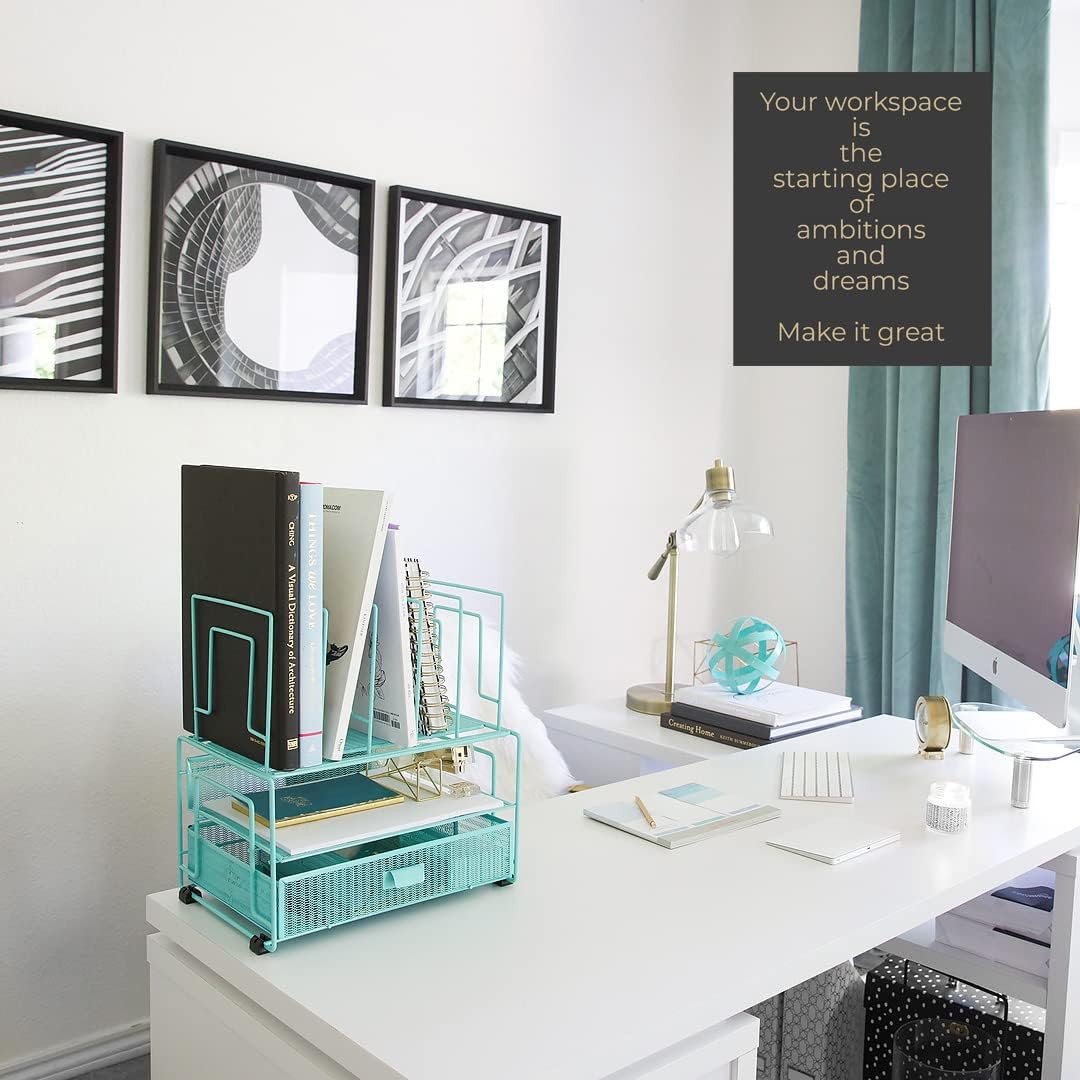 BLU MONACO Mint Green Desk Organizer with File Sorters & Drawer – Workspace Organizer for Office Supplies, Paper, Devices & Folders