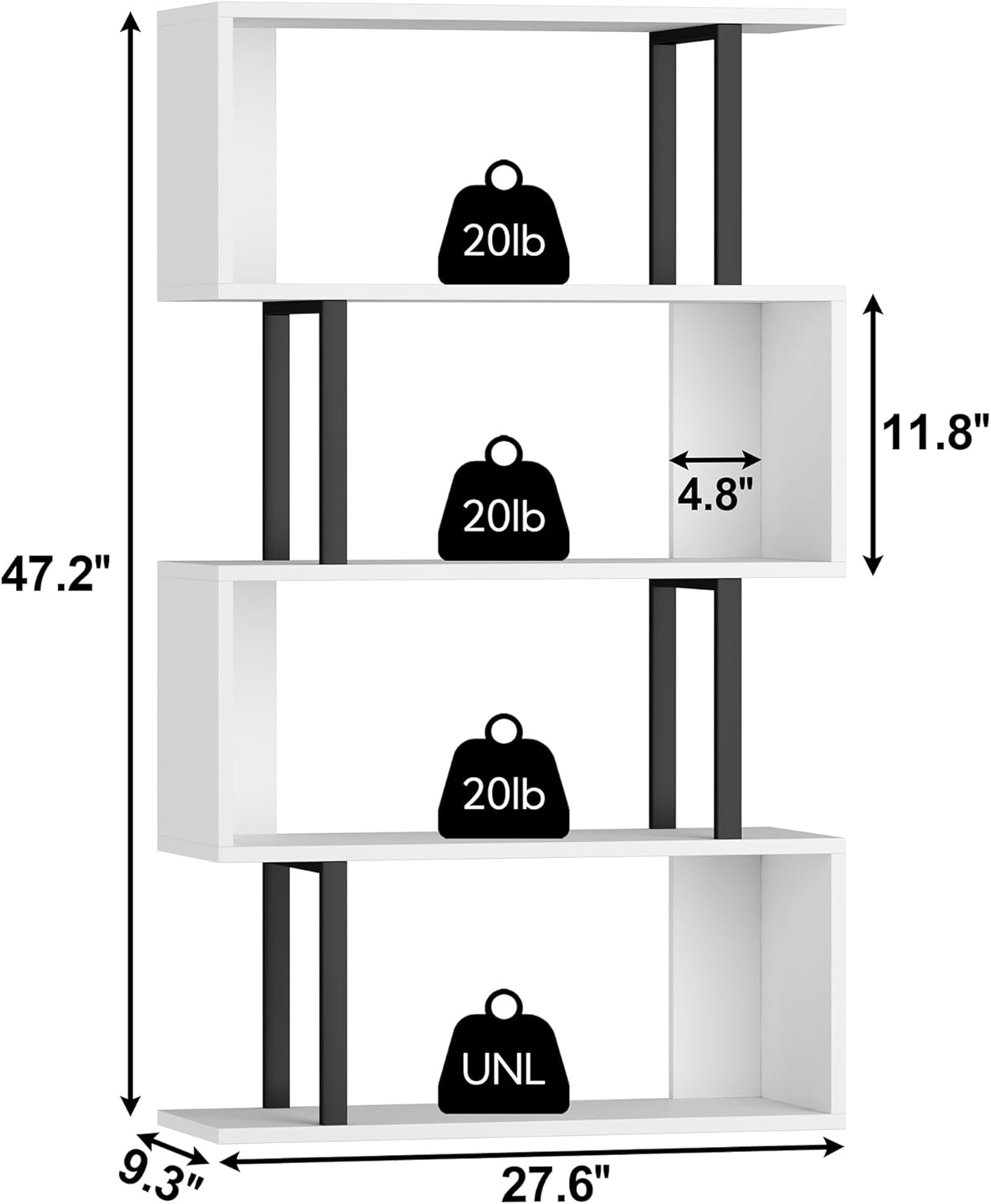Yusong Geometric Bookcase, S Shaped Bookshelf 4-Tier Book Shelves for Bedroom, Modern Wood Decorative Display Shelf Tall Book Case for Home Office, Black and White
