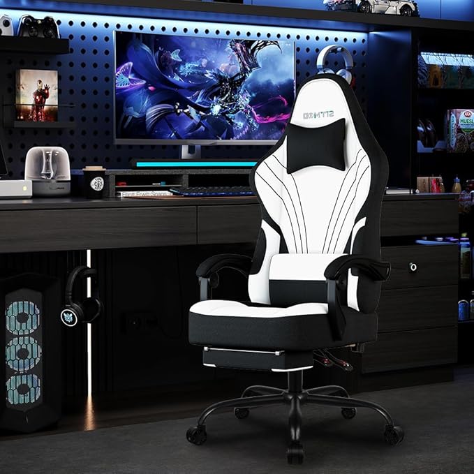 Gaming Chair Fabric, Ergonomic Computer Chair with Footrest, Video Gamer Chair with Pocket Spring Cushion,Linkage Armrests and Headrest Lumbar Support,Swivel Height Adjustable Office Chair for Adults