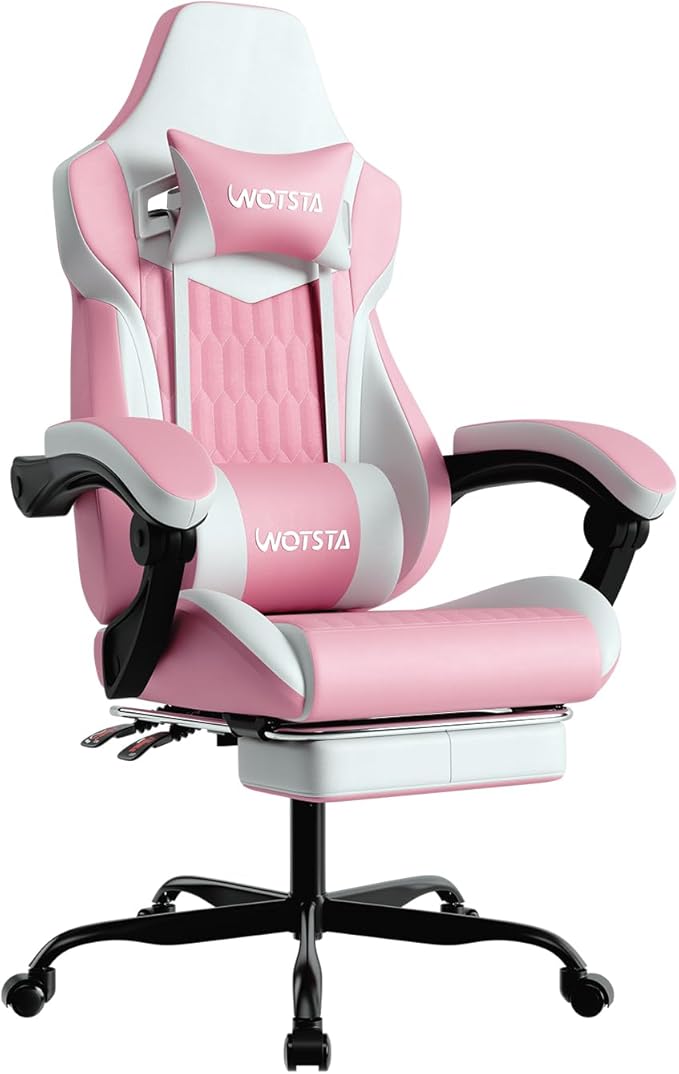 Gaming Chair with Footrest, High Back Gaming Chairs PVC Leather Ergonomic Gamer Chair with Adjustable Headrest Lumbar Support Racing Style Video Gaming Chair for Office/Home (Pink)