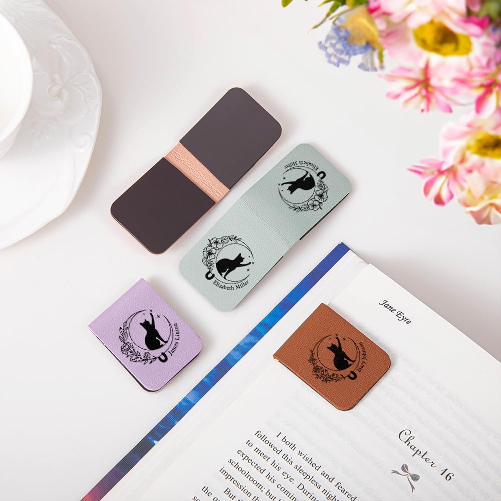 CALLIE Personalized Magnetic Bookmark Clip – Custom Name Reading Gifts for Book Lovers, Birthday Teacher's Day Christmas for Bookworm Gifts (Cat Moon Birth Flower)
