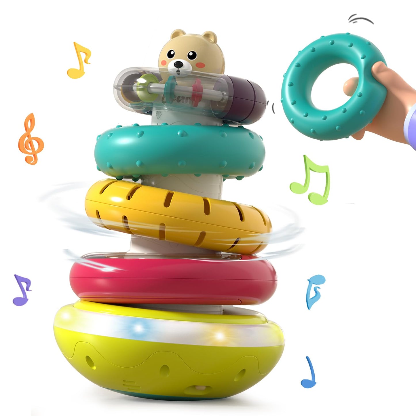 Baby Ring Stacker Toy with Lights, Musical Stacking Toys for Toddlers 1-3, Automatic Rotating Montessori Toys for Babies 6-12 Months, Early Learning Toy 1 Year Old Boy and Girl Gifts