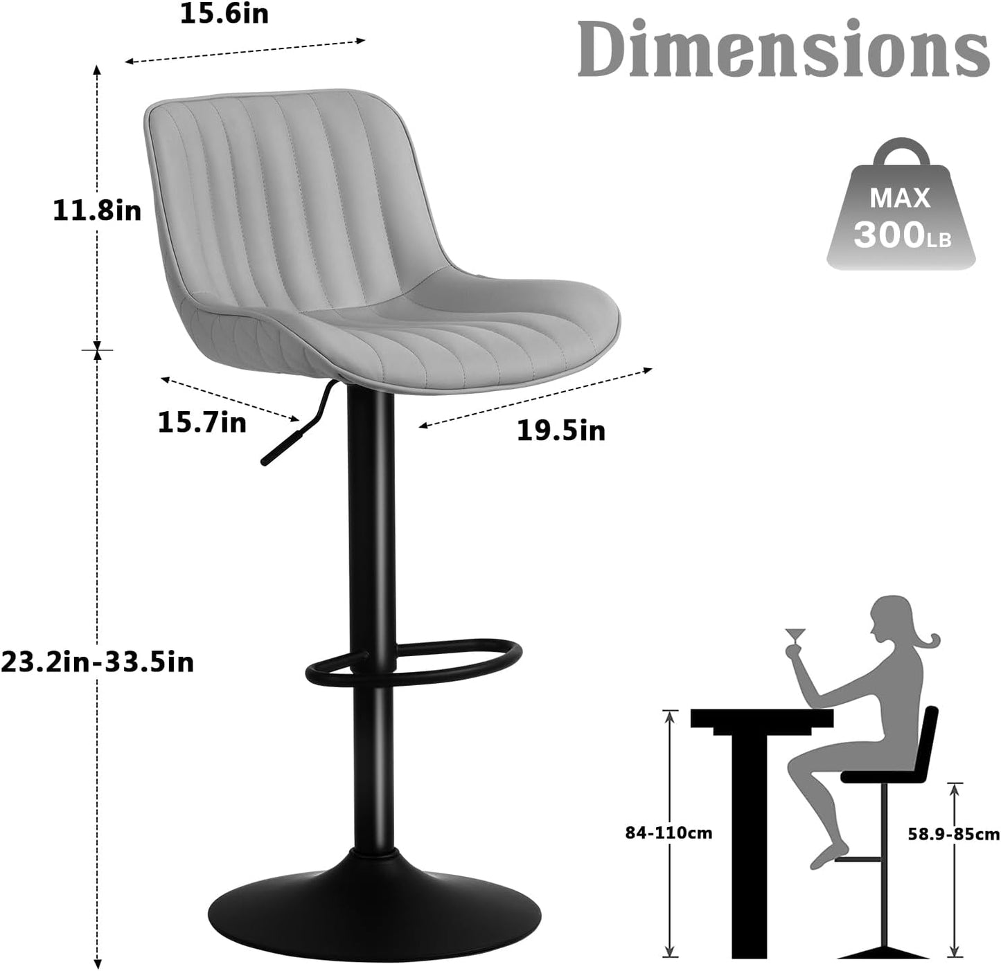 YOUNUOKE Counter Height Bar Stools Set of 2 Upholstered Kitchen Island Barstools Adjustable Swivel Stools with Back Mid Century PU Leather Padded Chairs Grey