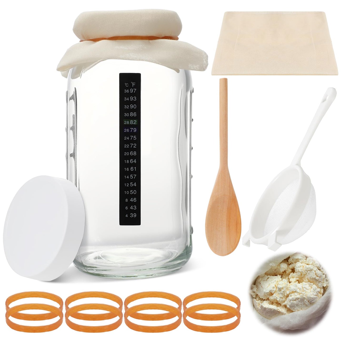 Honeydak 8 Pcs Complete Kefir Starter Kit Kombucha Fermenter Kit Half Gallon 64oz Mason Jar Wide Mouth with Plastic Storage Lid Nylon Mesh Strainer Cotton Cloth Cover and Wood Spoon