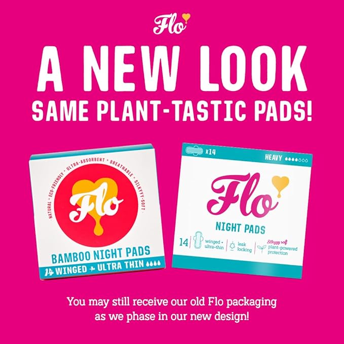 Flo - Night Menstrual Pads (14 Pack) - Heavy Flow - Leak Locking - Winged + Ultra-Thin - Natural, Absorbent, Soft, & Breathable - Bamboo Period Pads for Women - Plant Based - Vegan & Cruelty Free