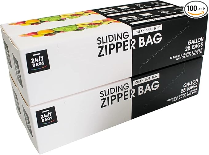 Gallon Slider Storage Bags- 100 Count, Featuring Expandable Bottom, Zero BPA, Microwave-Safe(4 boxes of 25)