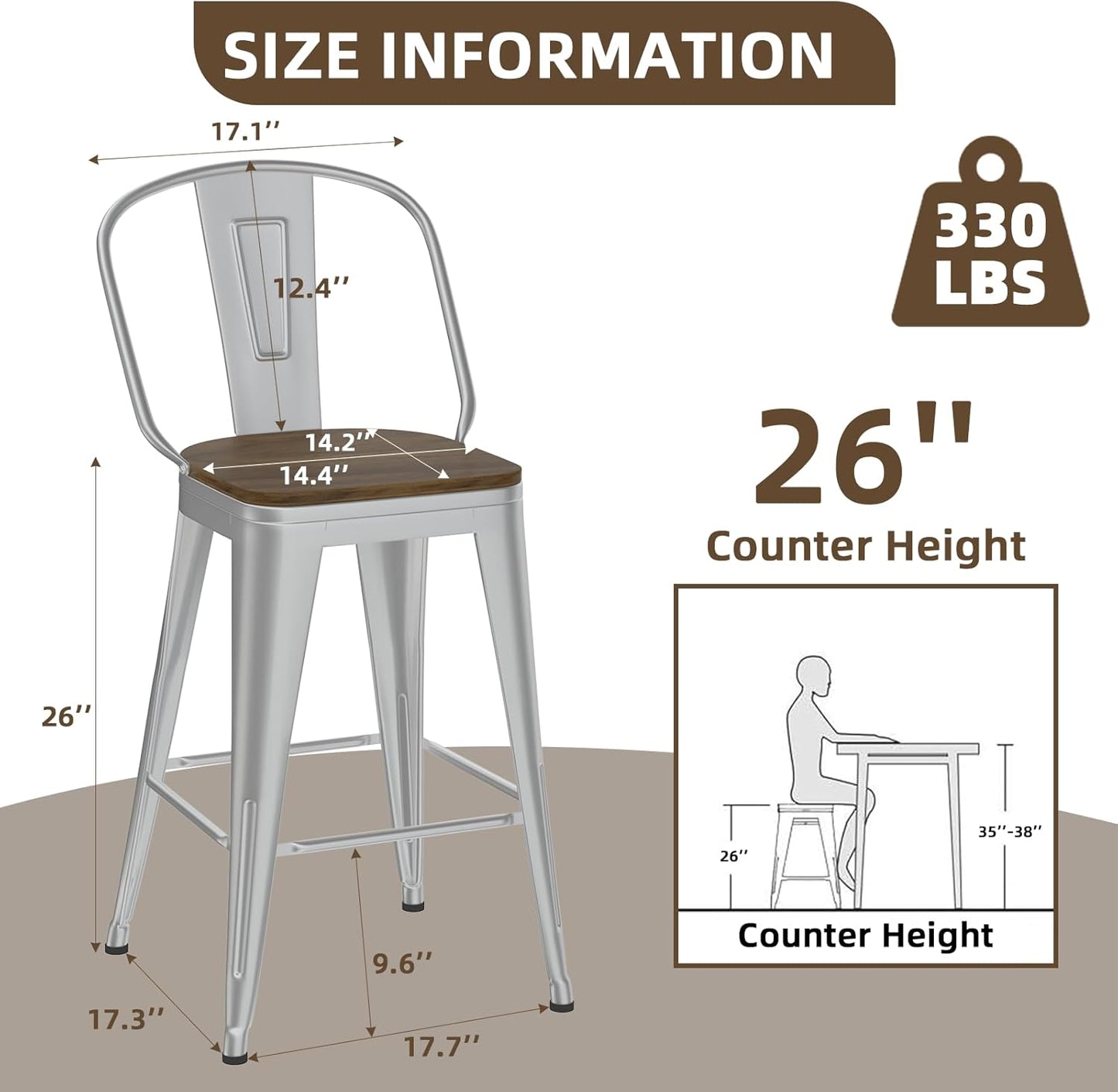 26” Swivel Bar Stools Set of 4, Counter Height Bar Stools Wooden Seat, Metal Industrial Bar Chairs with High Back for Kitchen Island (Silver)