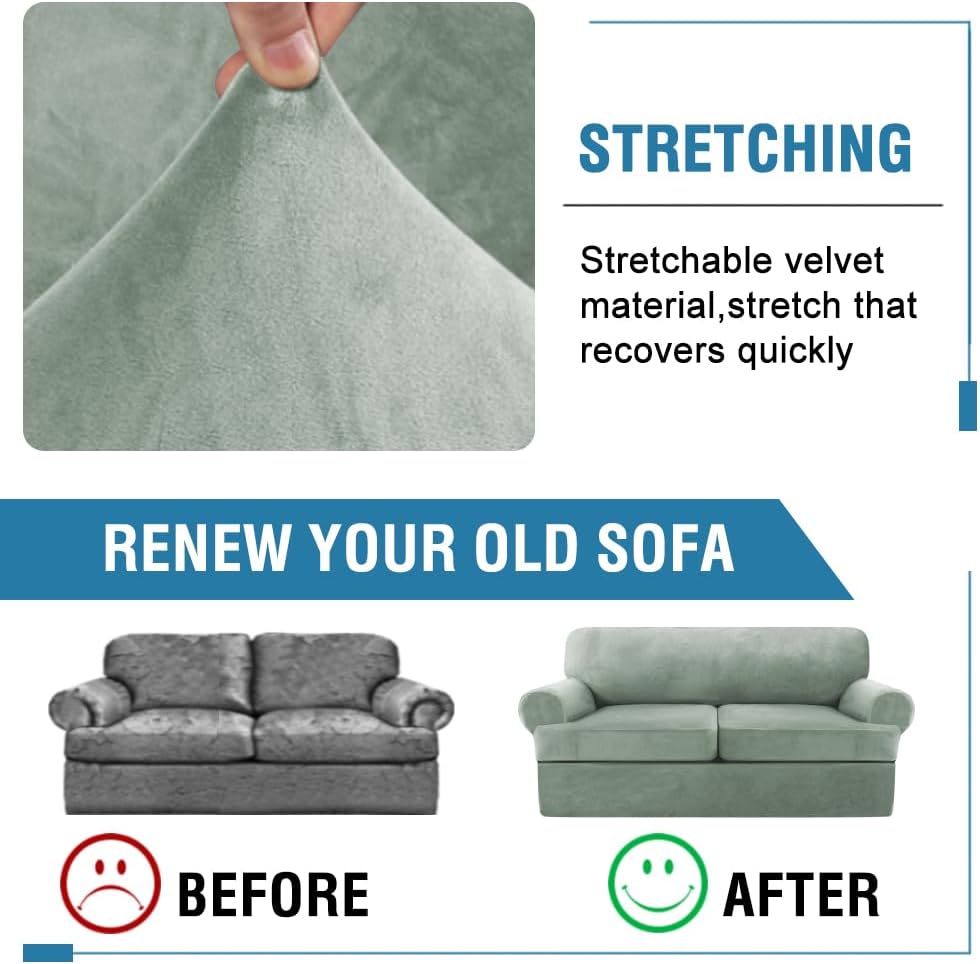 H.VERSAILTEX Sofa Cover 3 Piece T Cushion Sofa Slipcovers Thick Velvet Couch Cover Stretch T Cushion Sofa Covers for 2 Cushion Couch with 2 Individual T Cushion Covers Washable, Sea Grass