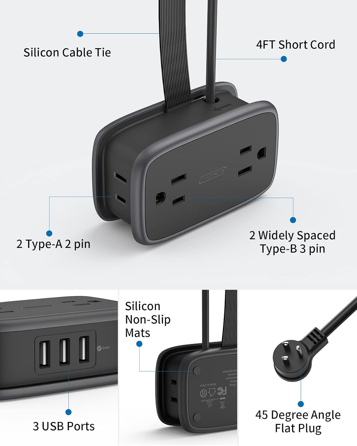 2 Pack Power Strip with USB Ports, 4 Outlets 3 USB Ports, NTONPOWER Small Power Strip with 4ft Short Extension Cord Retractable, Compact Size for Travel, Home Office, Hotel, Black