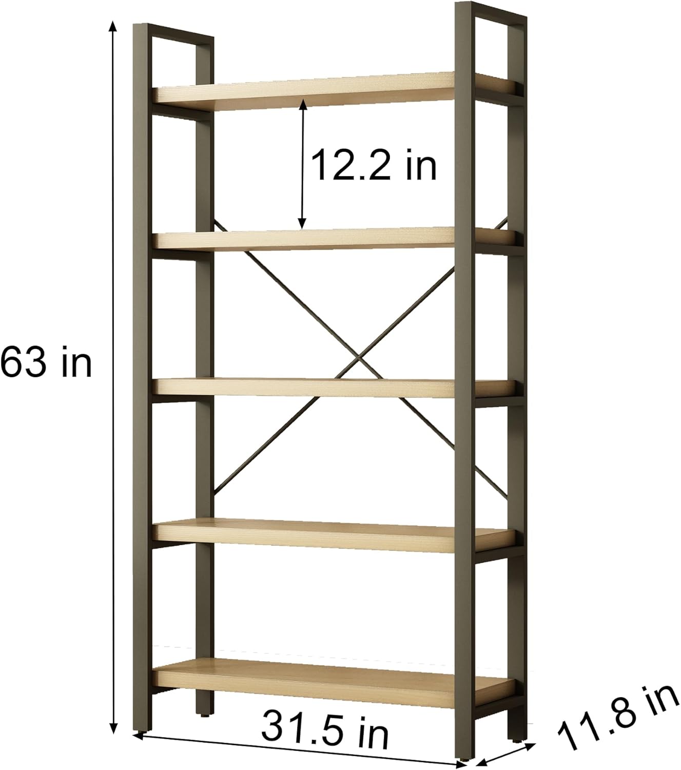Real Solid Wood Rustic Vintage Industrial Etagere Bookshelf, Metal & Timber Free Vintage Bookcase, Retro Brown (Genuine Timber) (5-Tiers-Real Wood)