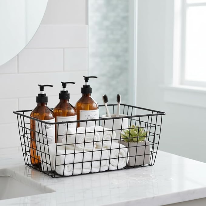 Metal Wire Food Storage Basket Organizer with Wooden Handles for Organizing Kitchen Cabinets, 2 Packs-Black-large