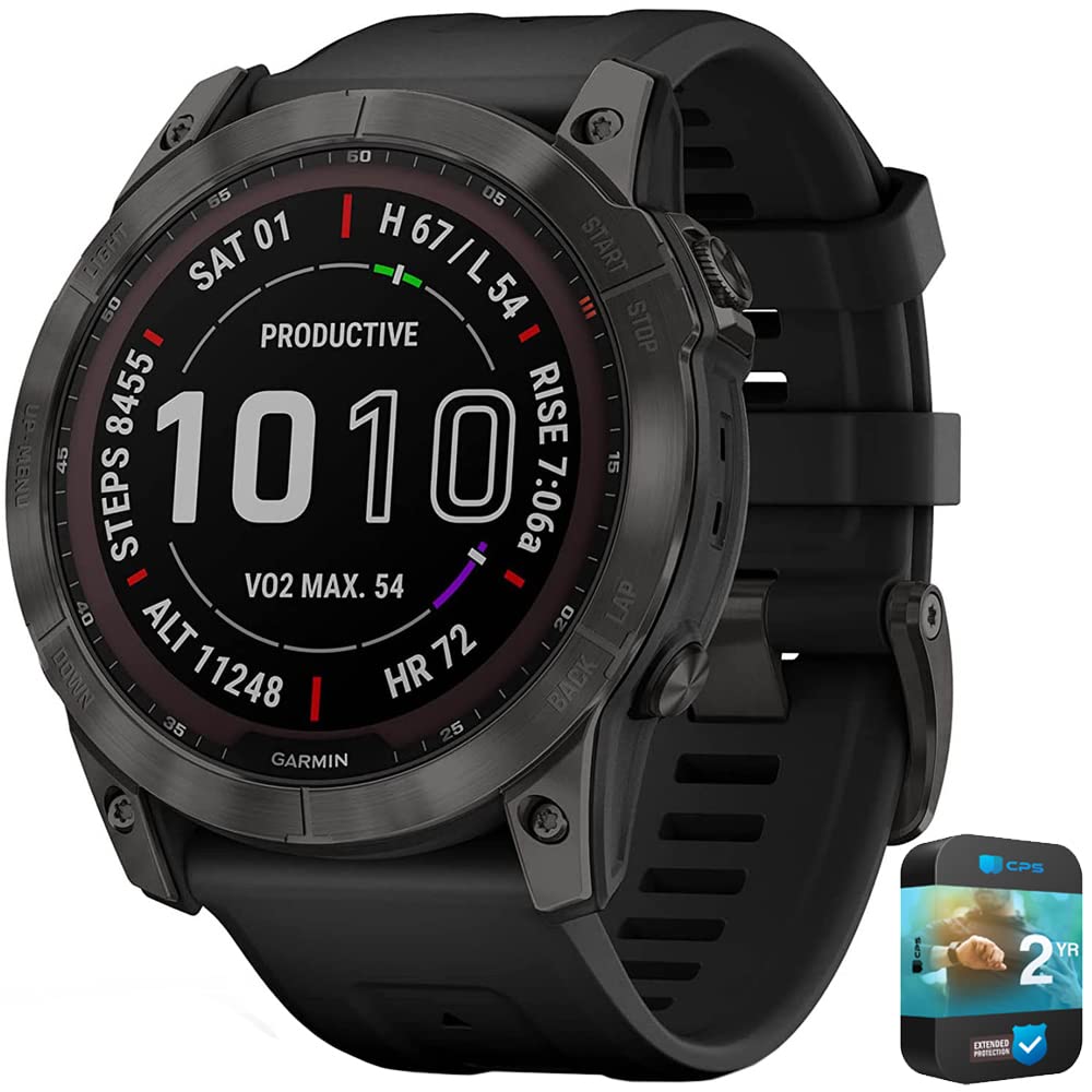 Garmin 010-02541-10 Fenix 7X Sapphire Solar Smartwatch Carbon Gray Dlc Titanium With Black Band Bundle With 2 Yr Cps Enhanced Pr