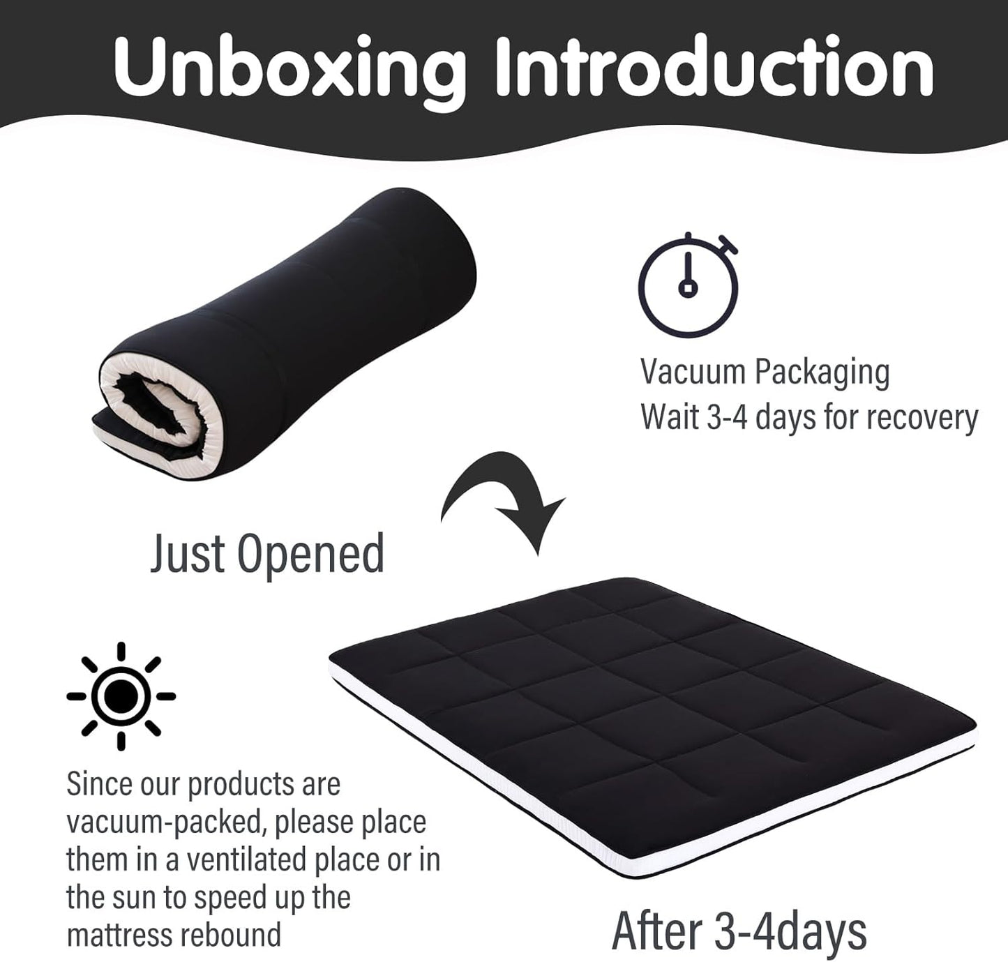 Tiita Queen Memory Foam Mattress Topper, 4" Thicken Futon Floor Mattress with Storage Bag and 2 Straps, Portable Roll Up Travel Car Camping Mattress Sleeping Pad, Black
