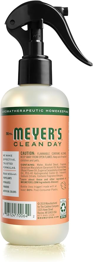 MRS. MEYER'S CLEAN DAY Room and Air Freshener Spray, Non-Aerosol Spray Bottle Infused with Essential Oils, Geranium, 8 Fl. Oz