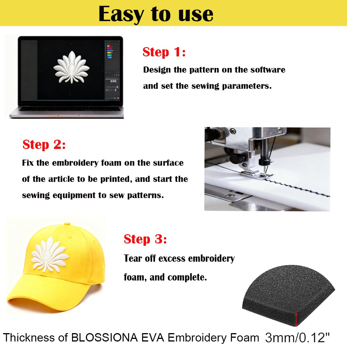 BLOSSIONA 24pcs 3mm Embroidery Foam Sheets for 3D Embroidery Arts and Crafts 9x6 Inch EVA Foam for Cosplay Costumes DIY Projects 3D Puff Foam Embroidery for Hats (Black&White)