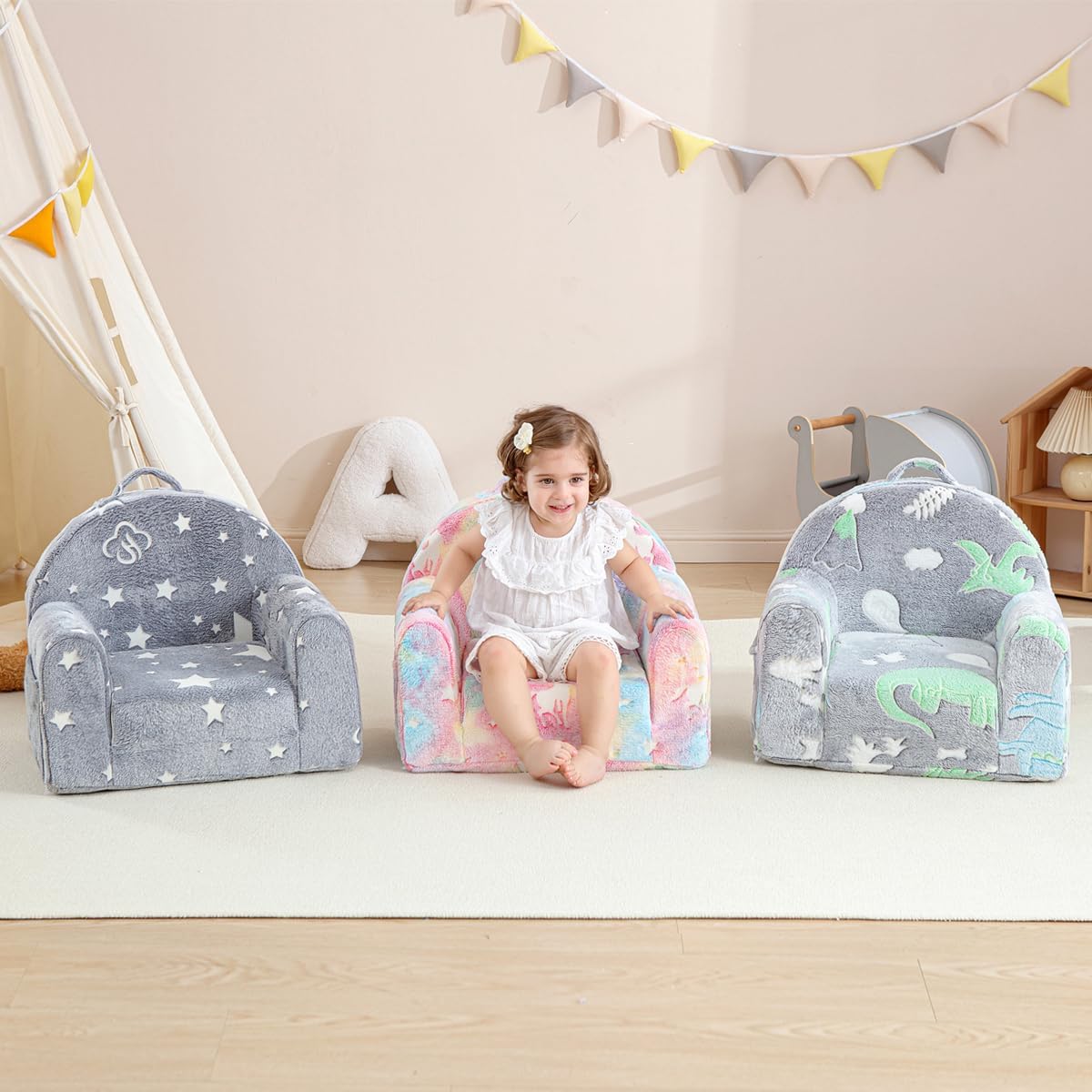 Toddler Chair Comfy,Toddler Couch Fold Out, 2-in-1 Kids Sofa,Flip Out Kids Couch,Sofa Convertible,Children Reading Chair for Age 1-3(Grey Dino)