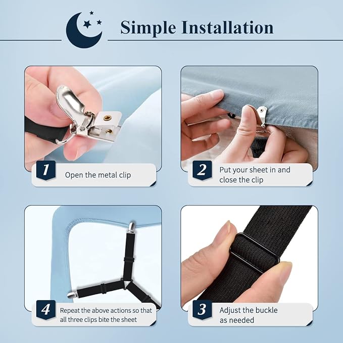 Sopito Sheet Straps, Adjustable Bed Sheet Suspenders Max Stretch from 29.5 in to 82.7 in Compatible for Crib to King Size Bed, Non Slip Holder Fasteners Clips, 2pcs/Black