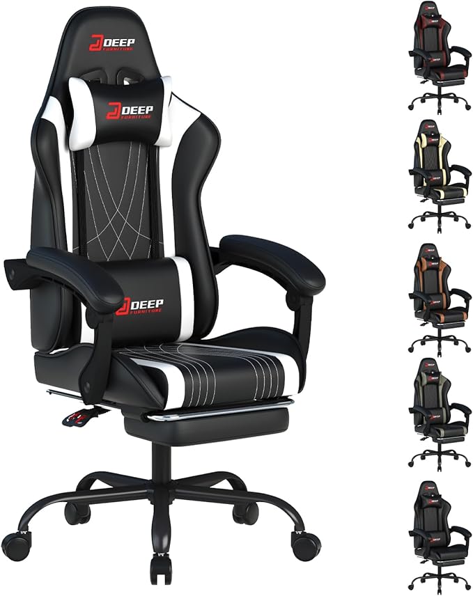 Ergonomic Gaming Chair with Footrest and Lumbar Massage, Racing Office Chair, High Back Computer Desk Chair with Headrest Pillow for Adults, Video Game Chair for PC Gamer (1001-White)