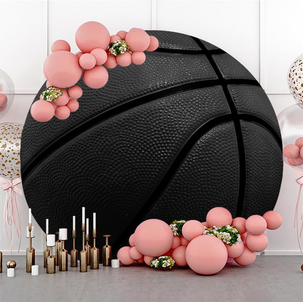Leyiyi 6x6ft Basketball Round Backdrop Cover - Black Basketball Match Sports Theme Circle Photography Background for Boys Baby Shower Newborn Gender Reveal Party Decor