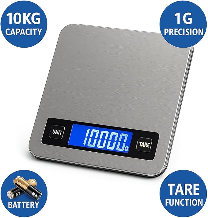Digital Kitchen Scale 10kg/22lb – 1g High Precision Food Scale, Stainless Steel Platform, LCD Display, Tare Function, Battery Powered for Cooking, Baking & Meal Prep