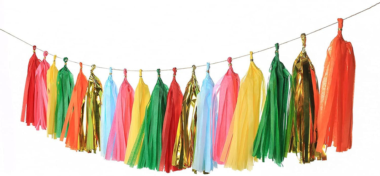Autupy 35 PCS Green Orange Gold Mylar Tassel Garland Tissue Paper Tassels Banner DIY Kit Baby Shower Fiesta Bachelorette Party Decorations