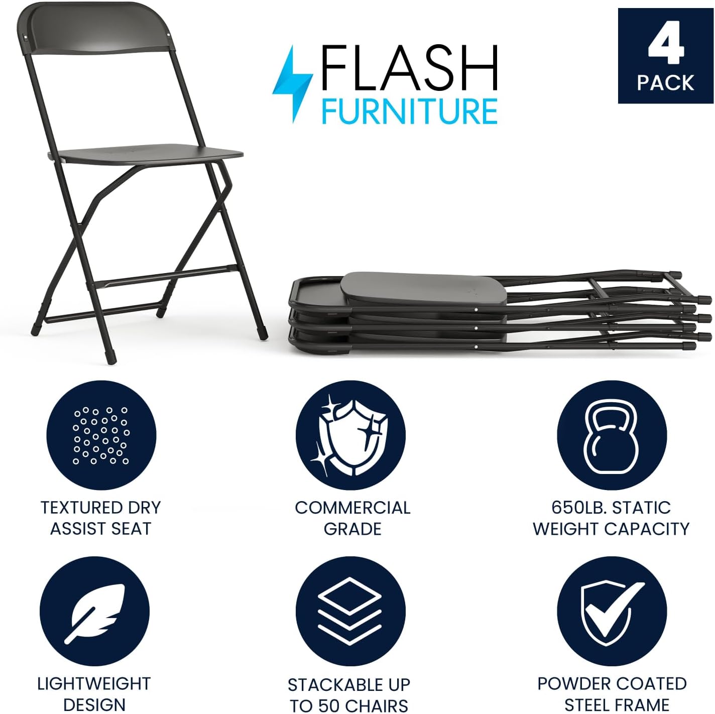 Flash Furniture Hercules Series Plastic Folding Chairs for Parties and Weddings, Stackable Commercial Event Seats with 650-lb. Static Weight Capacity, Set of 4, Black