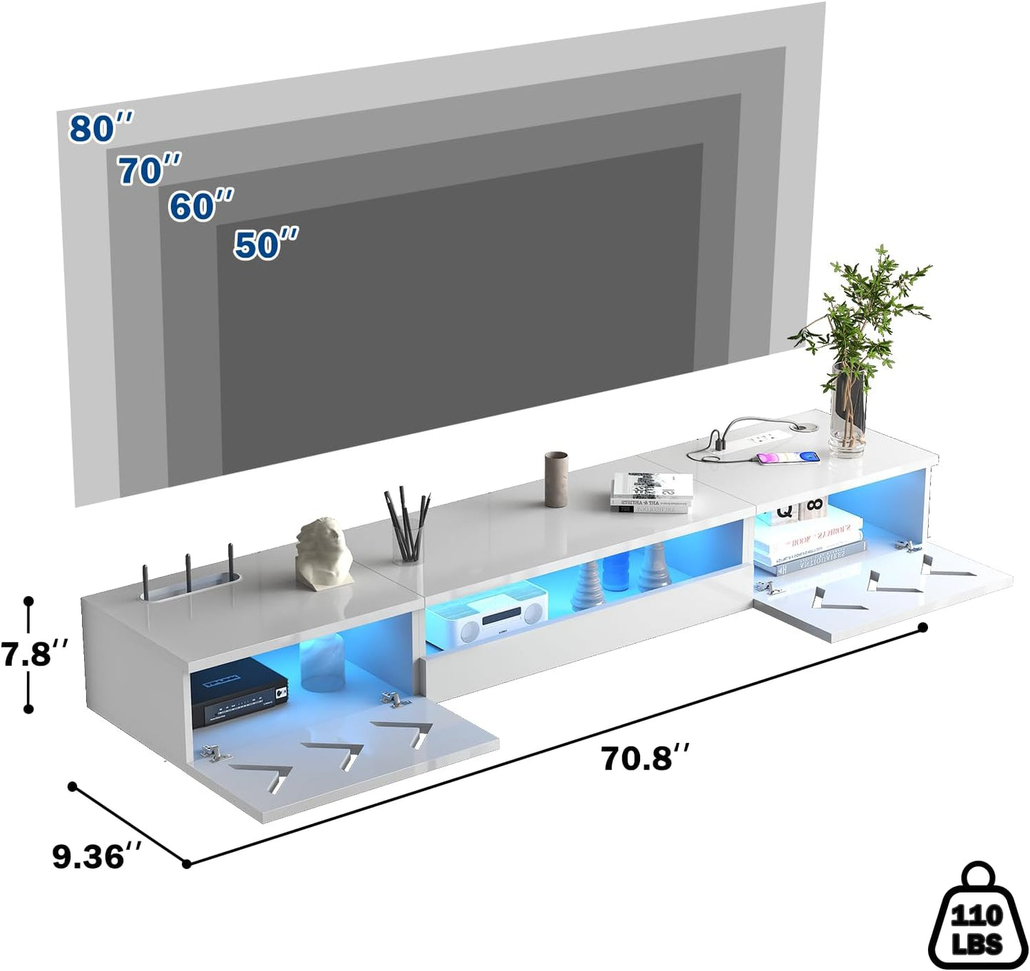 Floating TV Stand, 71" Floating Entertainment Center Wall Mounted,Floating Wall Mounted TV Shelf with Led Lights and Power Outlet,Modern High Gloss tv Cabinet Media Console with Storage