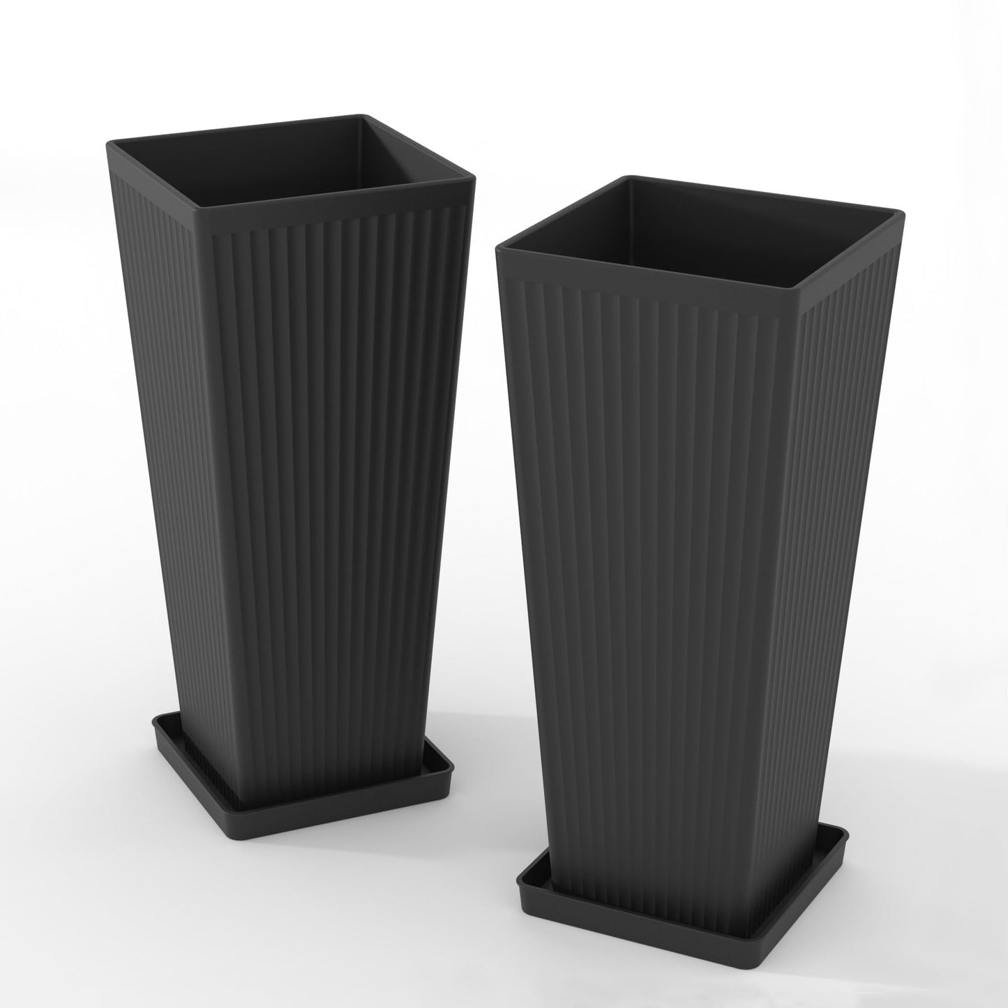 seethmi Tall Planters for Outdoor Plants Set of 2, 23.6" Large Taper Flower Plant Pots with Drainage Hole and Drainage Trays, Weather-Resistant Plastic planters for Patio, Porch, Garden, Black