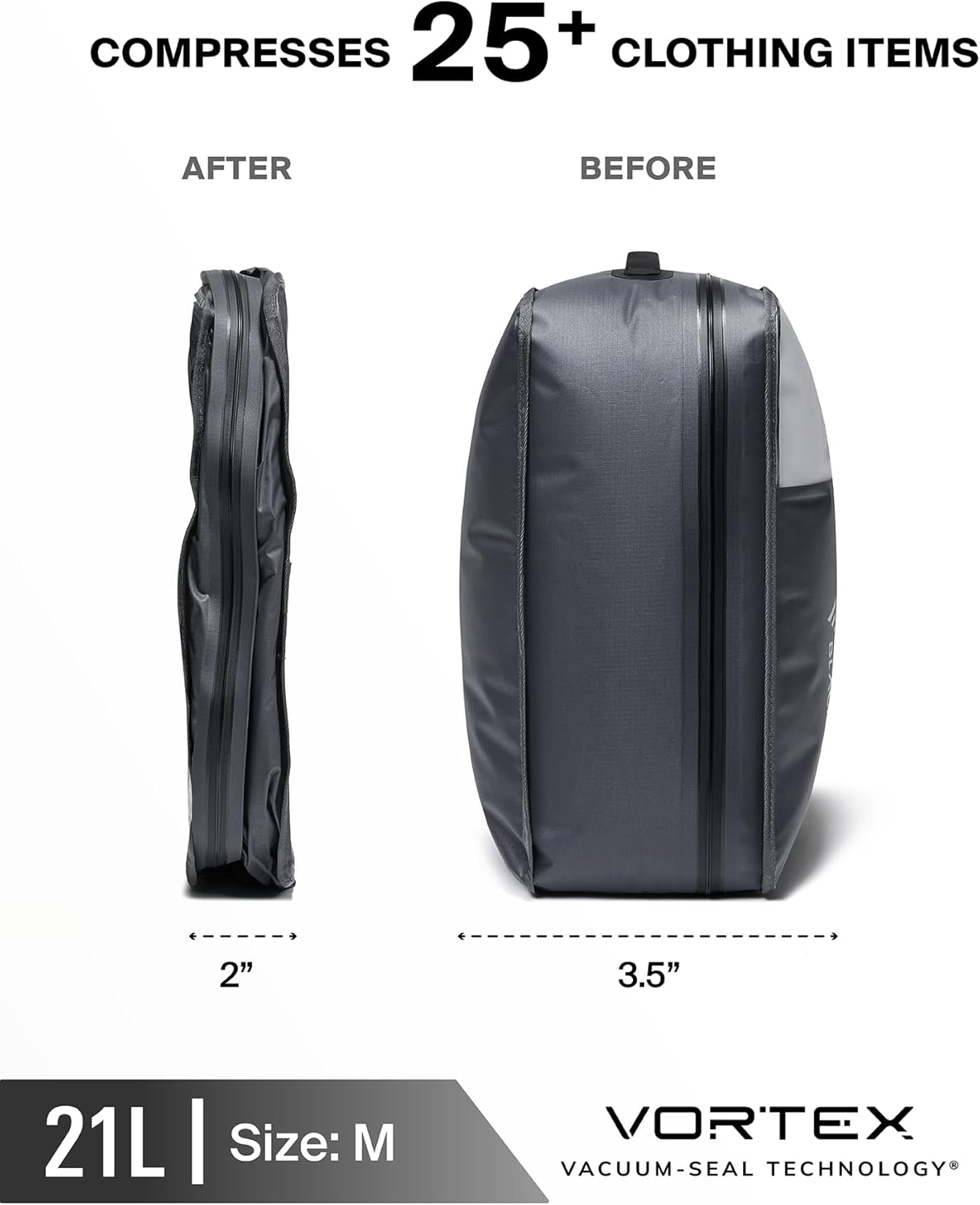 Black Voyage Reusable Vacuum Compression Travel Bag for Carry-On Suitcase and Backpack, Recycled IP67 Waterproof Space Saver Airback Vacpack (1-Pack, 21L - Pump Included)