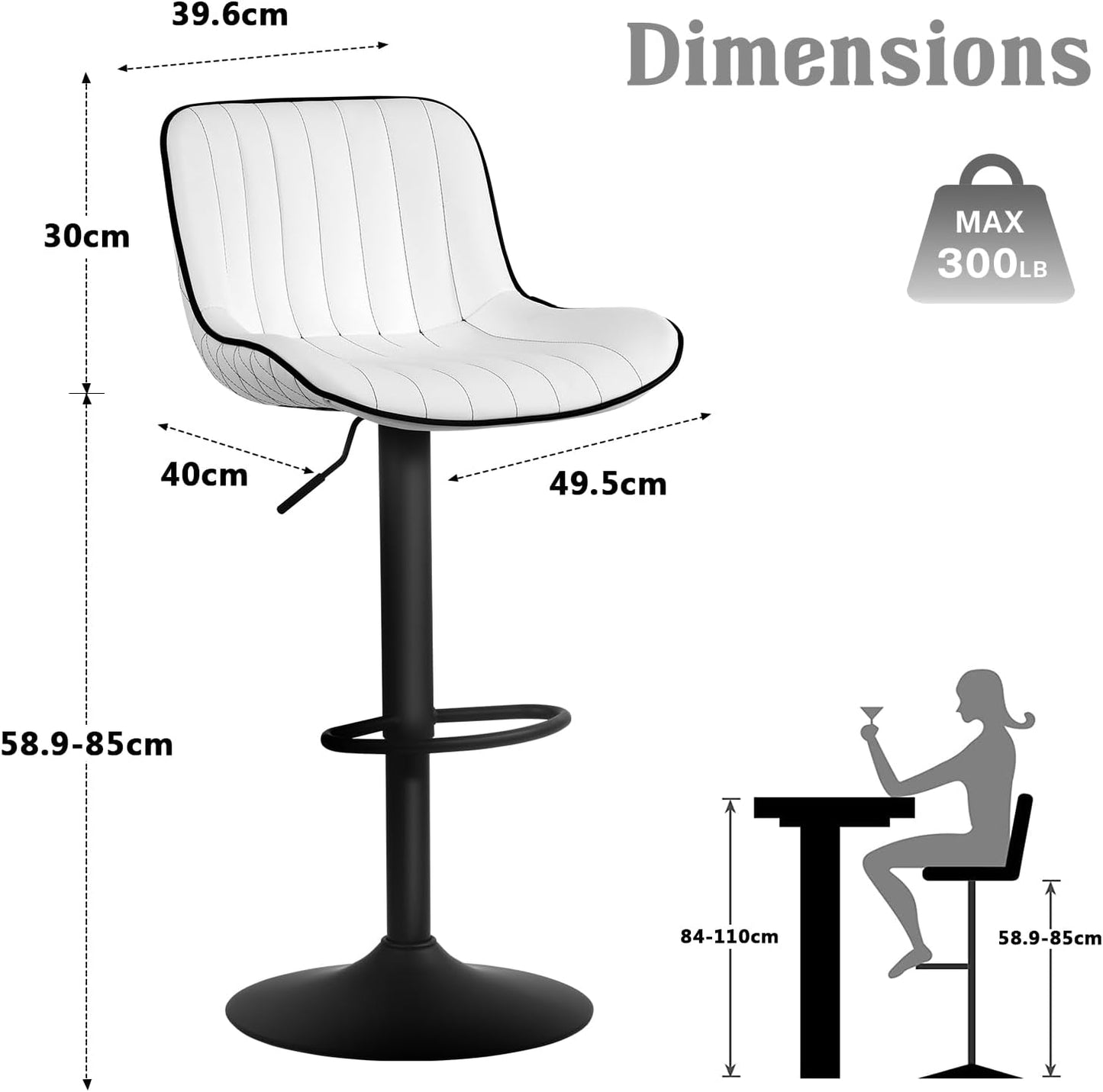 YOUNUOKE Bar Stools Set of 2, Adjustable Swivel Counter Height Chairs with Back, White PU Leather Upholstered Barstools for Kitchen Island Home Bar