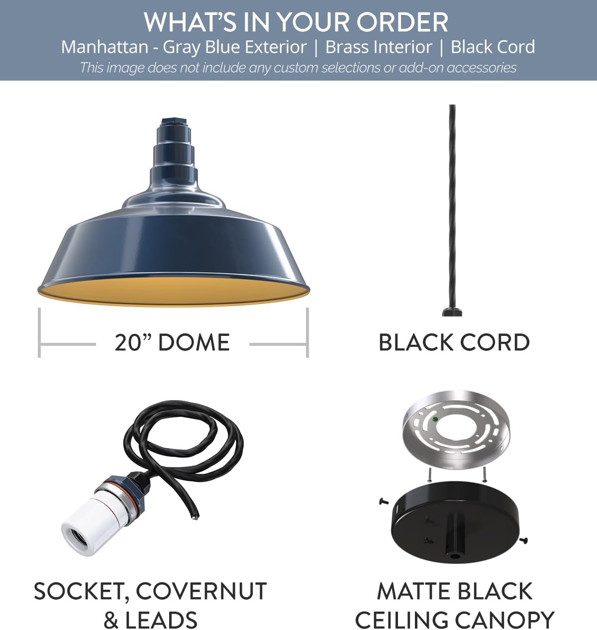 Steel Lighting Co. Manhattan Warehouse Light | Ceiling Mounted Pendant | 20 inch Dome | 4' Black Cord | Large Steel Barn Light Made in America | Gray Blue Exterior/Brass Interior